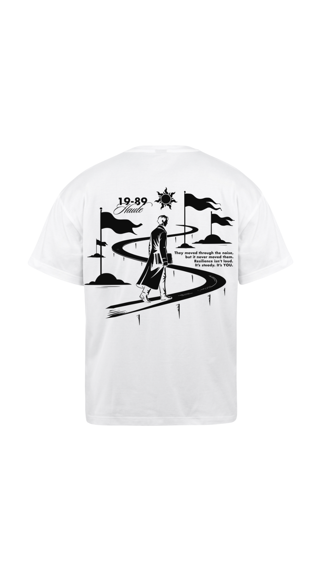 White oversized T-shirt with black graphic and print by 19:89 haute