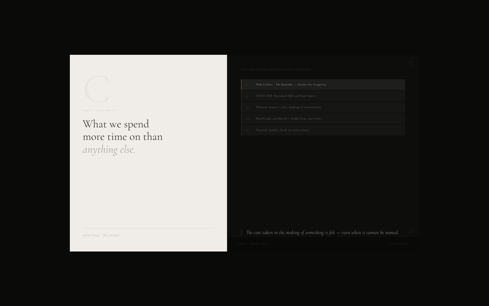 A split editorial image showing the craft specifications behind 19:89 Haute garments — flatlock seams, OEKO-TEX certified fabric, and a 12-point quality check