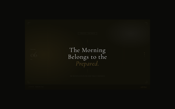 A dark editorial image with warm morning light — The Morning Belongs to the Prepared, a journal entry by 19:89 Haute on private discipline and intentional living