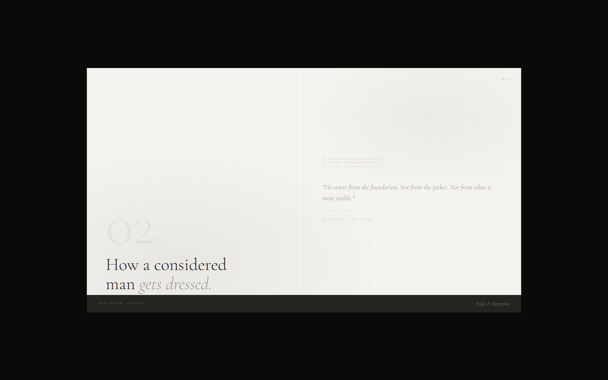 A split editorial image in warm cream and dark tones — How a Considered Man Gets Dressed, a journal entry by 19:89 Haute on style and intention
