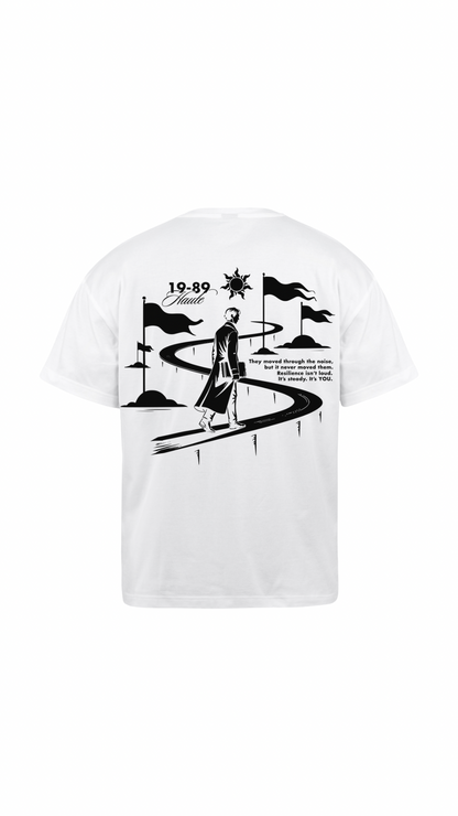 White oversized T-shirt with black graphic and print by 19:89 haute